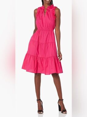 Maggy London Tiered Ruffle-Sleeveless Midi Dress BrighRose Pink Fuchsia NWT